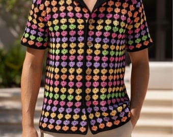 MerlaDesigns Unisex Summer Shirt, Motif Shirt, Crochet Granny Square Shirt,Colorful Square Crochet Shirt, Crochet Shirt For Men, Men’s Shirt