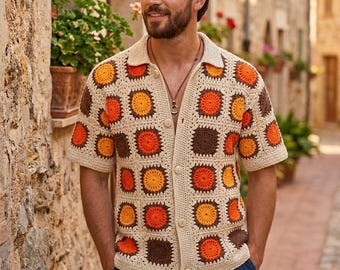 MerlaDesigns Colorful Ethnic Bohem Motif Unisex Shirt, Summer Shirt,Crochet Unisex Shirt, Rainbow Crochet Men’s Shirt, Crochet Shirt For Men