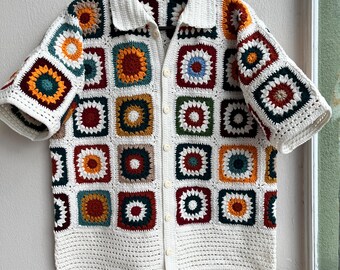 MerlaDesigns Ethnic Bohem Motif Unisex Shirt, Summer Shirt, Crochet Unisex Shirt, Vintage Crochet Shirt, Crochet Shirt For Men, Men’s Shirt