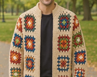 MerlaDesigns Unisex Long Sleeve, Vintage Unisex Handmade Crochet Sweater, Knit Granny Square Motif Button Up, Men’s Crochet Knit Cardigan