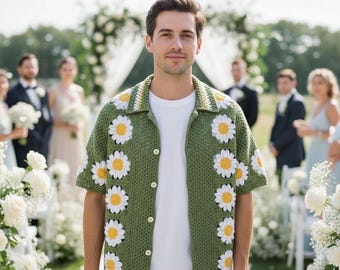 MerlaDesigns Unisex Green Shirt, Summer Men’s Shirt,Crochet Unisex Shirt, Vintage Crochet Shirt, Crochet Shirt For Men, Crochet Flower Shirt