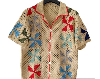 MerlaDesigns READY to ship shirt, Summer Shirt, Crochet Unisex Shirt,Vintage Crochet Shirt, Crochet Shirt For Men,Crochet Shirt,Hippie Shirt