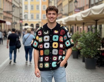 MerlaDesigns Unisex Summer Shirt, Motif Shirt, Crochet Granny Square Shirt,Colorful Square Crochet Shirt, Crochet Shirt For Men, Men’s Shirt