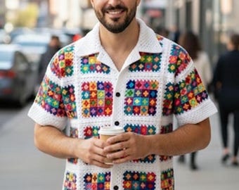 MerlaDesigns Unisex Summer Shirt, Motif Shirt, Crochet Granny Square Shirt,Colorful Square Crochet Shirt, Crochet Shirt For Men, Men’s Shirt