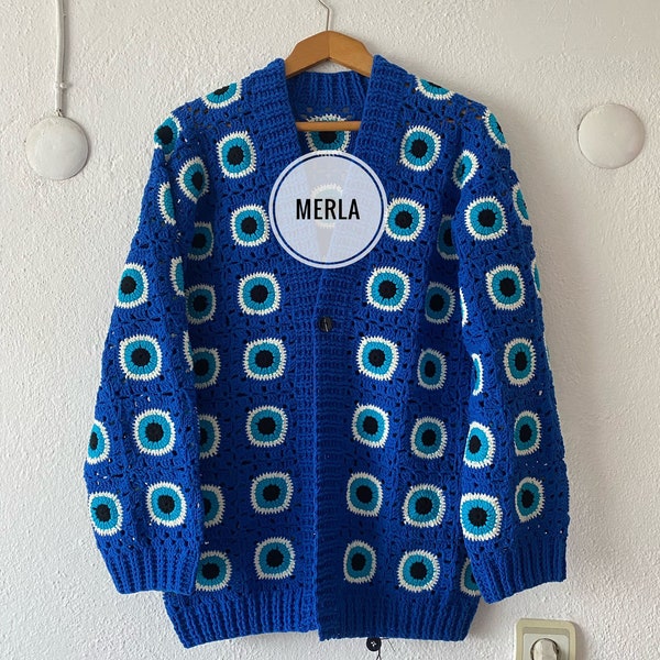 MerlaDesigns Blue Evil Eye Button-Up, Crochet Unisex Evil Eye Sweater for Men, Knitted Cardigan, Knitted Blue Button Down, Unisex Sweater