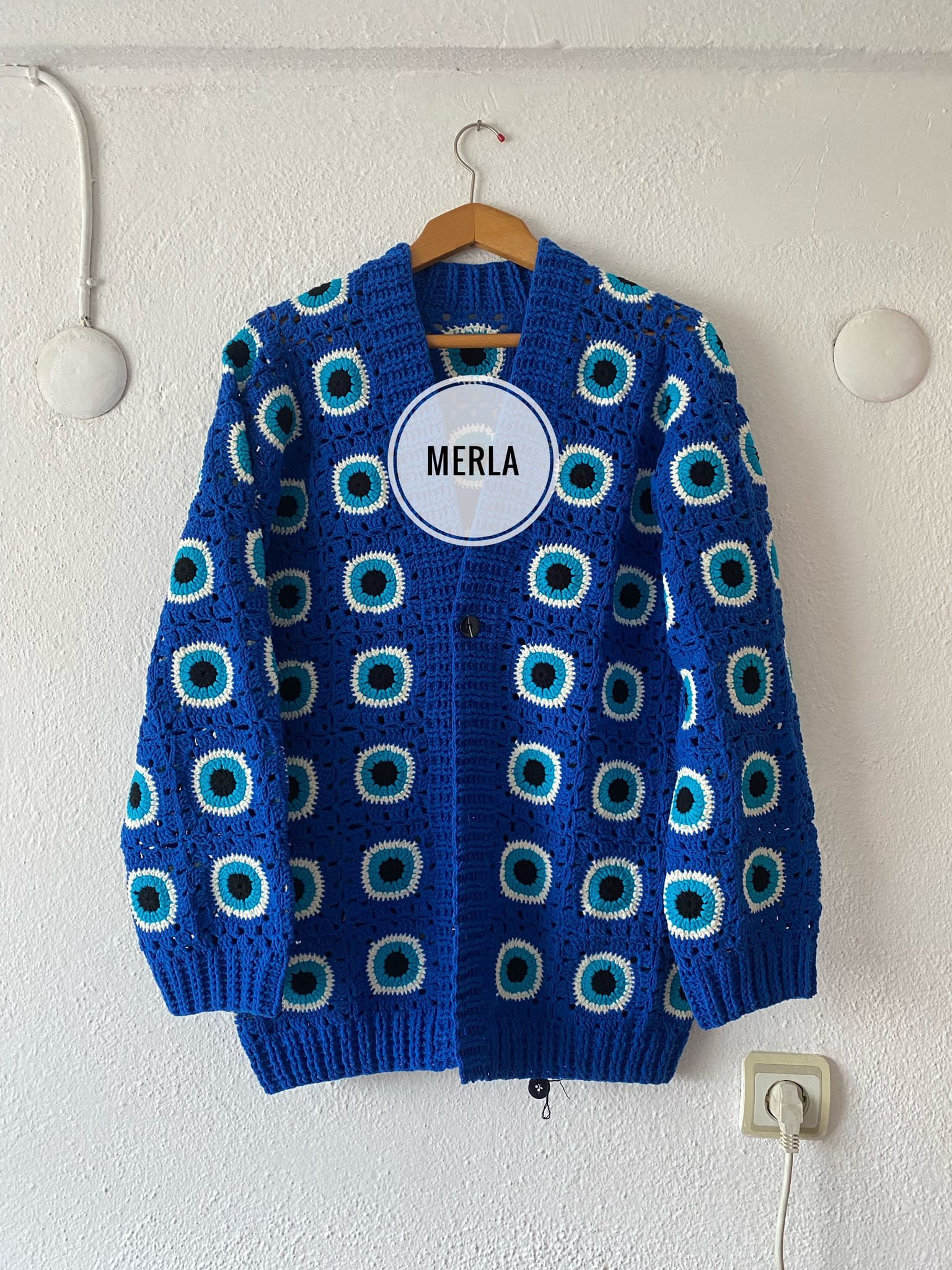 Merladesigns Blue Evil Eye Button-up, Crochet Unisex Evil Eye