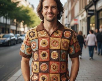MerlaDesigns Colorful Ethnic Bohem Motif Unisex Shirt, Summer Shirt,Crochet Unisex Shirt, Rainbow Crochet Men’s Shirt, Crochet Shirt For Men