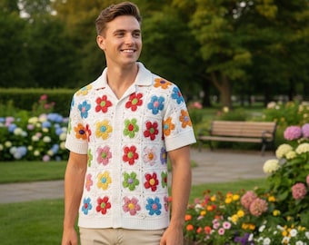 MerlaDesigns Unisex Summer Shirt, Motif Shirt, Crochet Granny Square Shirt,Colorful Square Crochet Shirt, Crochet Shirt For Men, Men’s Shirt