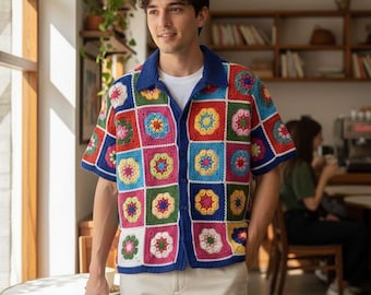 MerlaDesigns Colorful Ethnic Bohem Motif Unisex Shirt, Summer Shirt, Crochet Unisex Shirt,Motif Crochet Shirt, Crochet Shirt For Men