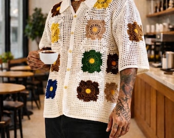 MerlaDesigns Colorful Ethnic Bohem Motif Unisex Shirt, Summer Shirt,Crochet Unisex Shirt, Rainbow Crochet Men’s Shirt, Crochet Shirt For Men