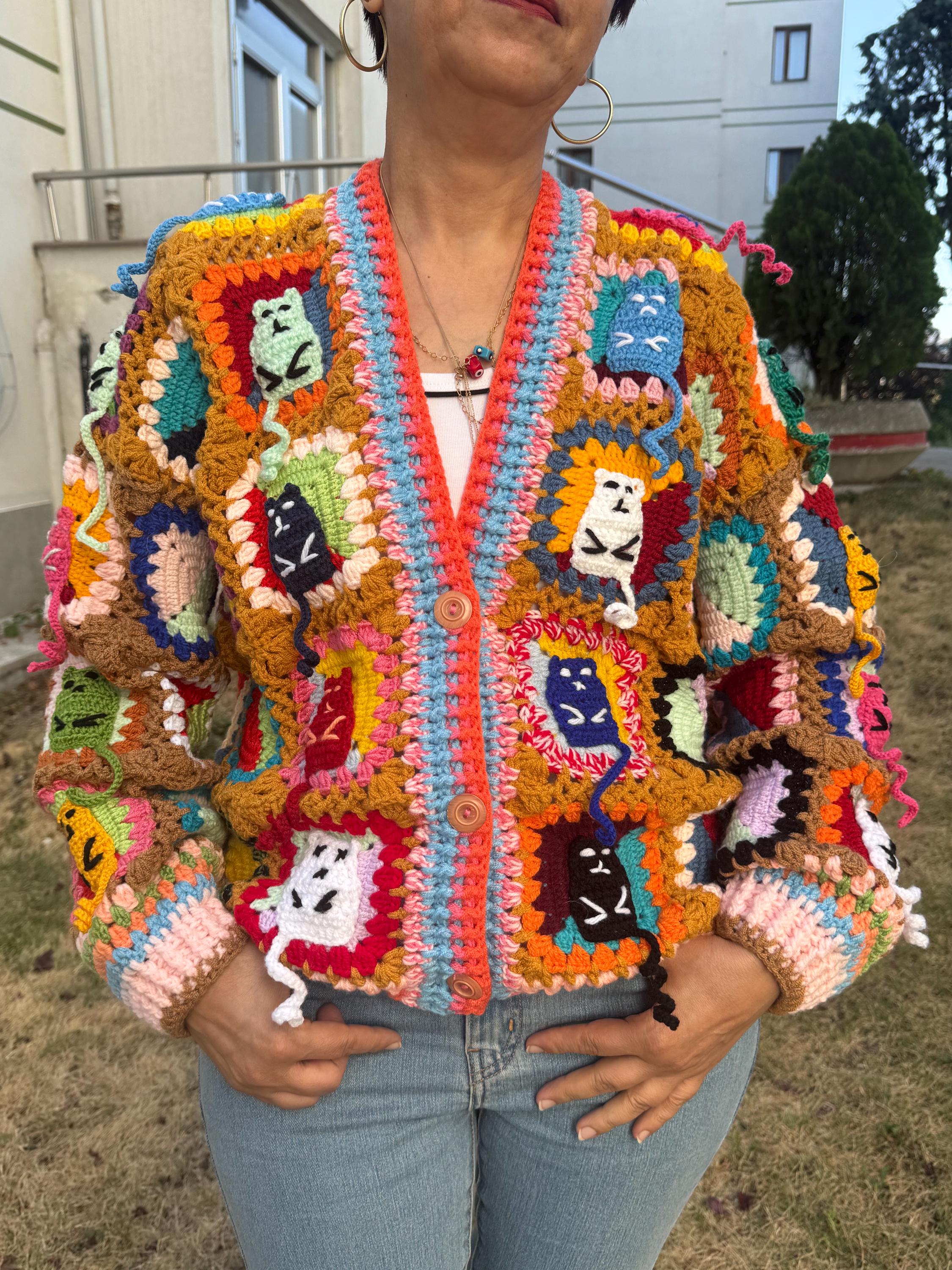 Merladesigns Orange Cat Cardigan for Women, Cats Handmade Handknit
