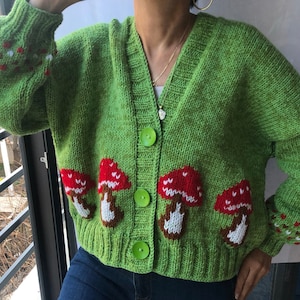 MerlaDesigns Green Red Mushroom Handmade Crochet Handknit Cardigan