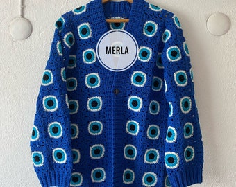 MerlaDesigns Evil Eye Button-Up, Crochet Unisex Evil Eye Sweater, Unisex Knit Cardigan, Gift For Men, Knit Gift for Him, Unisex Sweater
