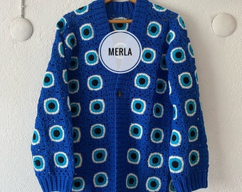 MerlaDesigns Evil Eye Button-Up, Crochet Unisex Evil Eye Sweater, Knitted Cardigan,Christmas Gift For Men, Knitted Xmas Gift, Unisex Sweater