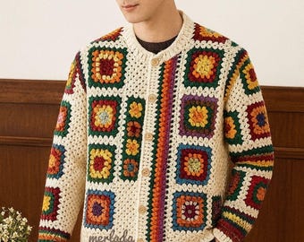 MerlaDesigns Unisex Long Sleeve, Vintage Unisex Handmade Crochet Sweater, Knit Granny Square Motif Button Up, Men’s Crochet Knit Cardigan