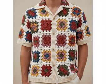 MerlaDesigns Unisex Summer Shirt, Motif Shirt, Crochet Granny Square Shirt,Colorful Square Crochet Shirt, Crochet Shirt For Men, Men’s Shirt