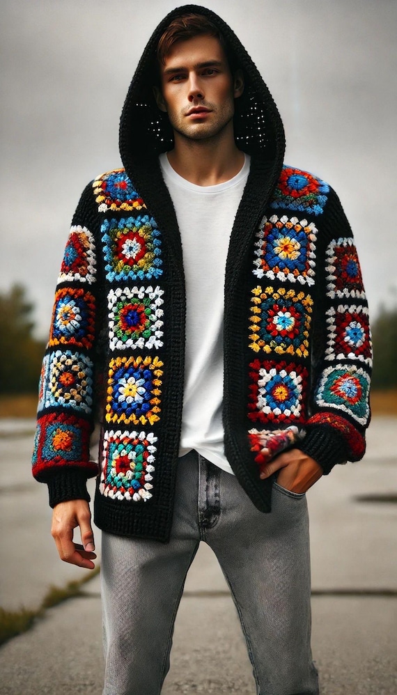 Merladesigns Black Colorful Motif Unisex Cardigan,hippie Boho
