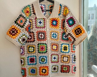 MerlaDesigns Colorful Ethnic Bohem Motif Unisex Shirt, Summer Shirt, Crochet Unisex Shirt, Vintage Crochet Shirt, Crochet Shirt For Men