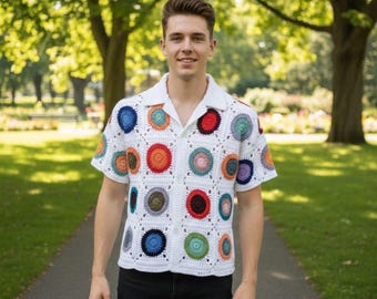 MerlaDesigns Unisex Summer Shirt, Motif Shirt, Crochet Granny Square Shirt,Colorful Square Crochet Shirt, Crochet Shirt For Men, Men’s Shirt