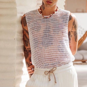 MerlaDesigns Unisex Summer Tank, Crochet Beach Tank, White Crochet Tank Top, Men&#39;s Sleeveless White Shirt, Handmade Tank Top for Men