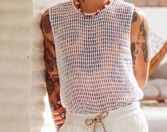 MerlaDesigns Unisex Summer Tank, Crochet Beach Tank, White Crochet Tank Top, Men's Sleeveless White Shirt, Handmade Tank Top for Men