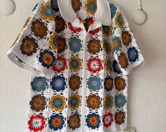 MerlaDesigns Colorful Ethnic Bohem Motif Unisex Shirt, Summer Shirt,Crochet Unisex Shirt, Rainbow Crochet Men’s Shirt, Crochet Shirt For Men