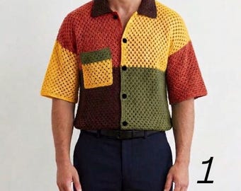 MerlaDesigns Colorful Ethnic Bohem Motif Unisex Shirt, Summer Shirt,Crochet Unisex Shirt, Rainbow Crochet Men’s Shirt, Crochet Shirt For Men
