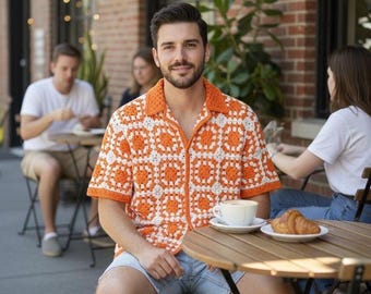 MerlaDesigns Unisex Summer Shirt, Motif Shirt, Crochet Granny Square Shirt,Colorful Square Crochet Shirt, Crochet Shirt For Men, Men’s Shirt