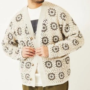 MerlaDesigns Ethnic Square Unisex Colorful Cardigan,Unisex Long Sleeve Sweater,Vintage Motif Sweater for Men,Red Flower Knit Unisex Cardigan
