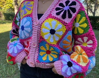 MerlaDesigns Hot Pink Flower Women’s Cardigan, Hippie Pink Cardigan for Women, Crochet Flower Motif Pink Colorful Sweater