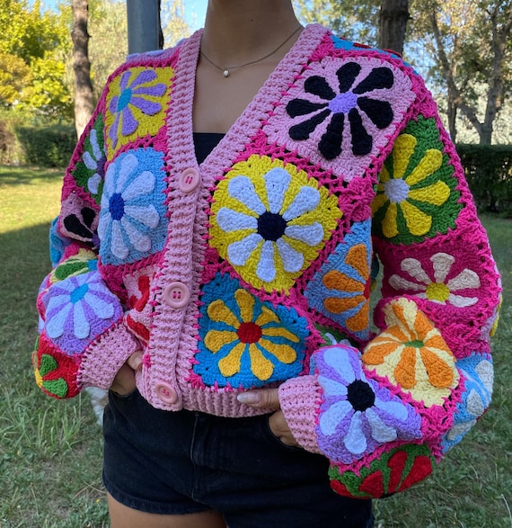 Merladesigns Hot Pink Flower Women's Cardigan, Hippie Pink