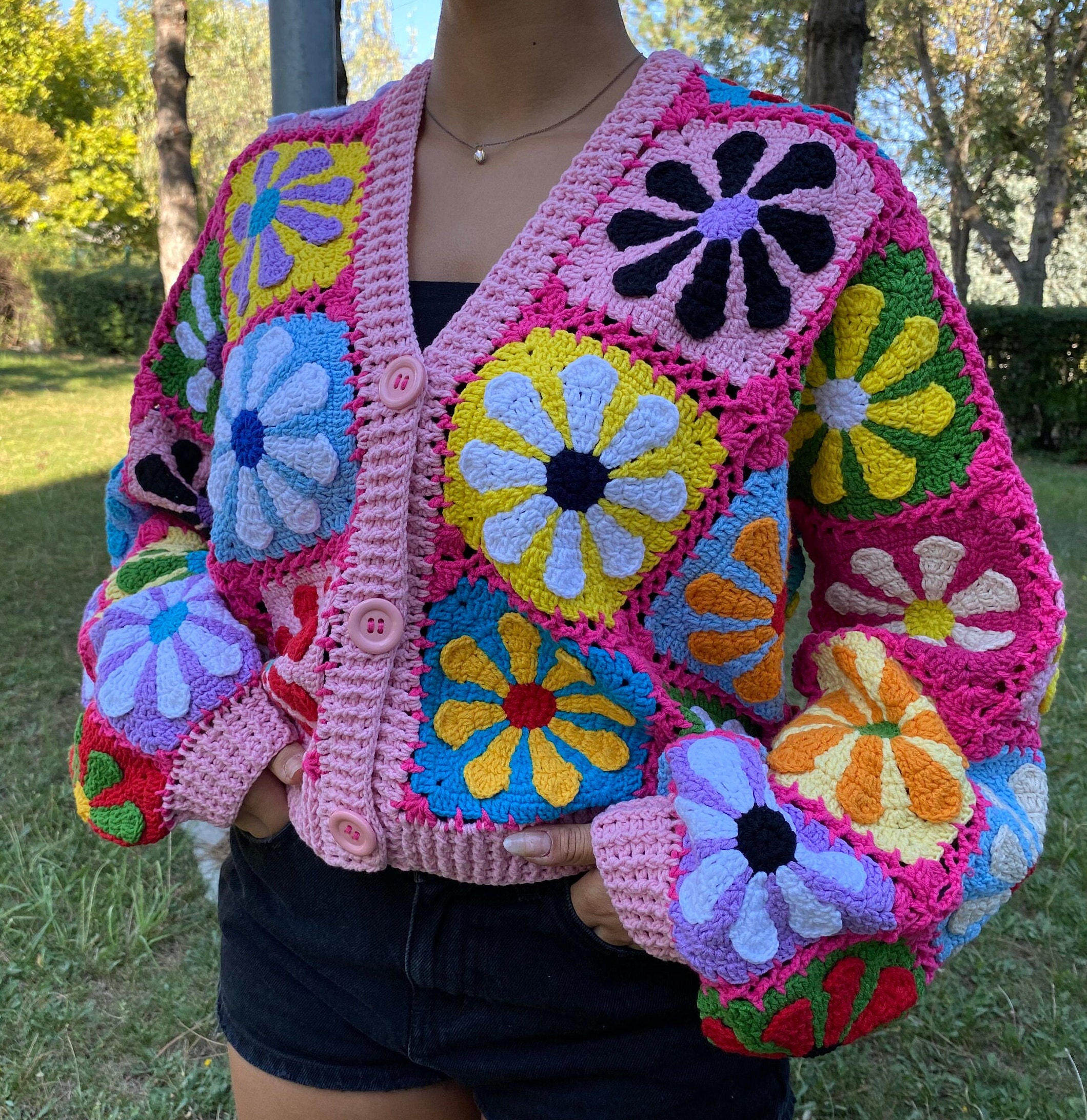 Merladesigns Hot Pink Flower Women's Cardigan, Hippie Pink