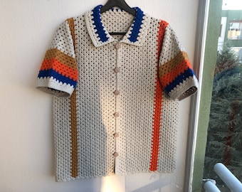 MerlaDesigns Unisex Shirt, Summer Shirt, Crochet Unisex Shirt, Vintage Crochet Shirt, Crochet Shirt For Men, Crochet Overshirt