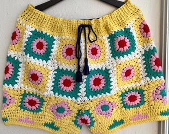 MerlaDesigns Colorful Ethnic Shorts for Men, Motif Handmade Shorts, Unisex Handknit Crochet Shorts, Bohemian Summer Men’s Shorts