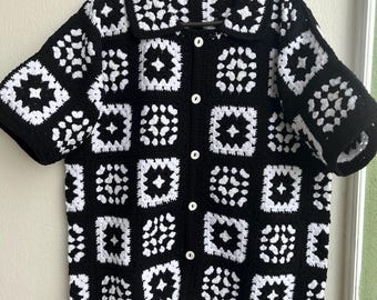 MerlaDesigns Unisex Shirt,Vintage Granny Square Crochet Shirt,Crochet Shirt,Men’s Crochet Shirt,Crochet Shirt For Men,Black and White Shirt