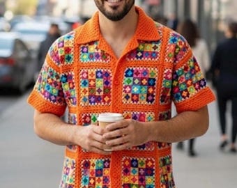 MerlaDesigns Unisex Summer Shirt, Motif Shirt, Crochet Granny Square Shirt,Colorful Square Crochet Shirt, Crochet Shirt For Men, Men’s Shirt