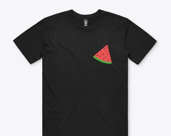 May include: A black t-shirt with a red watermelon slice graphic on the left chest.