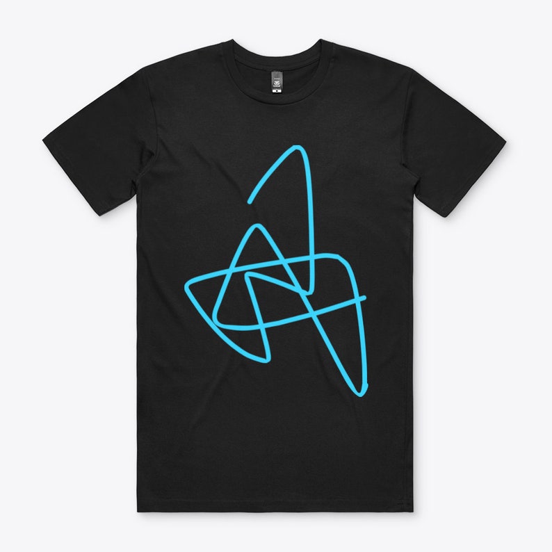 May include: A black t-shirt with a blue abstract design.