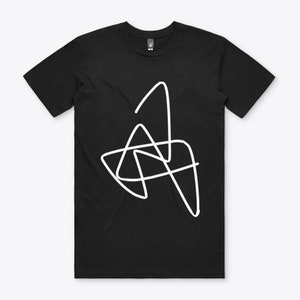May include: Black t-shirt with a white abstract design of overlapping lines and shapes.