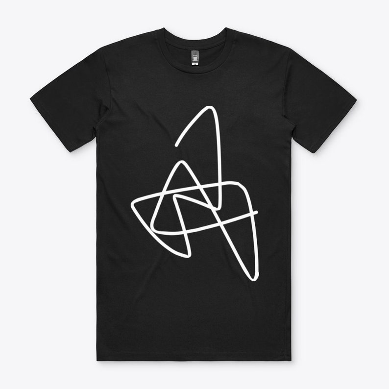 May include: Black t-shirt with a white abstract design of overlapping lines and shapes.