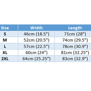 May include: A size chart showing the width and length measurements in inches and centimeters for sizes S, M, L, XL, and 2XL.