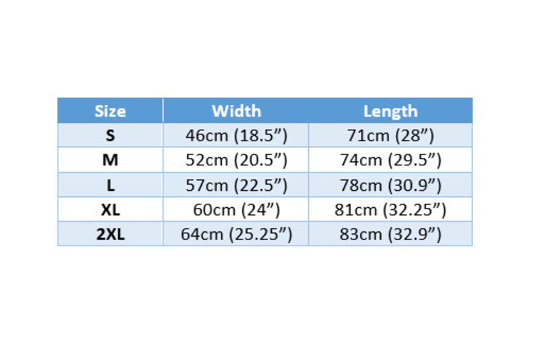 May include: A size chart showing the width and length measurements in inches and centimeters for sizes S, M, L, XL, and 2XL.