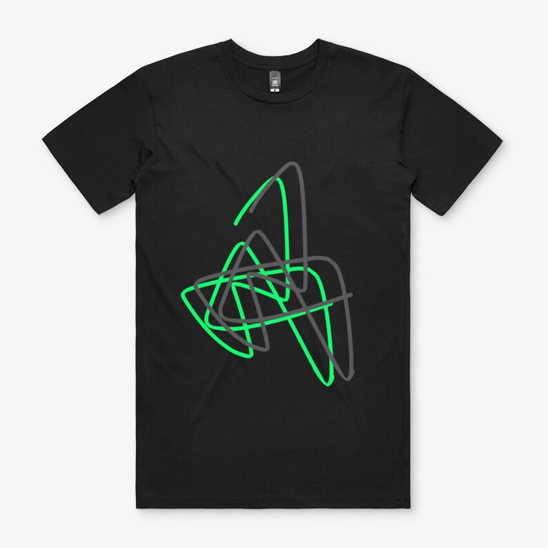 May include: Black t-shirt with a green and gray abstract design.