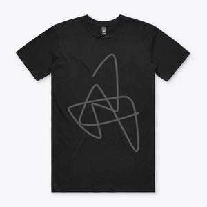 May include: A black t-shirt with a gray abstract design of overlapping lines.