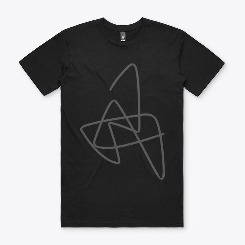 May include: A black t-shirt with a gray abstract design of overlapping lines.