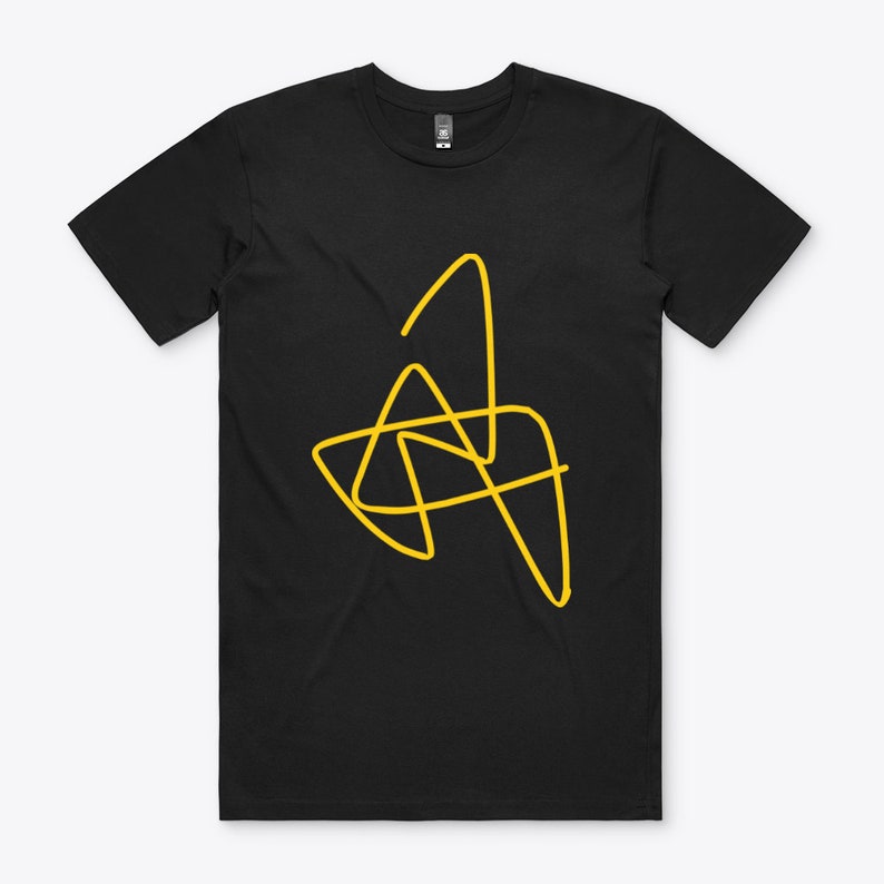 May include: Black t-shirt with a yellow abstract design.