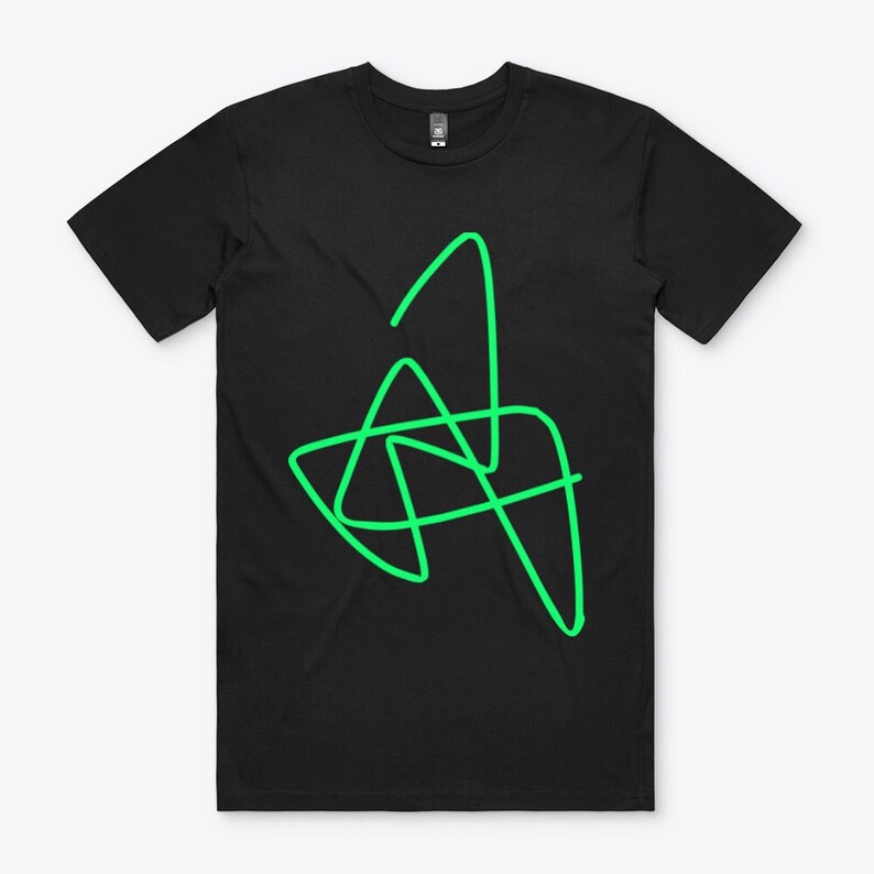 May include: A black t-shirt with a green abstract design. The design is made up of lines that form a series of triangles.