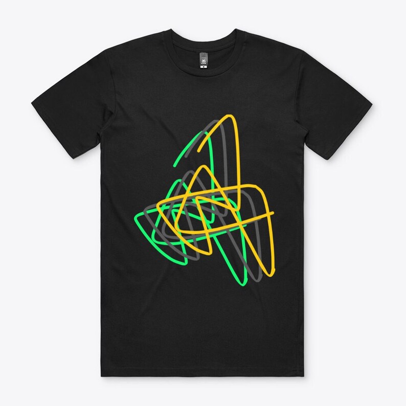 May include: Black t-shirt with a graphic design of overlapping lines in yellow, green, and gray.