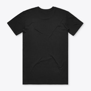 May include: A black t-shirt with short sleeves and a crew neck.