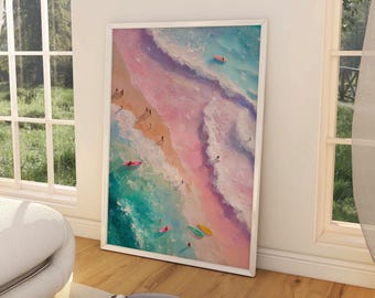 Surfboard Beach Print: Aerial Surfers Ocean Artwork, Coastal Abstract Painting, Summer Poster (Digital Download)